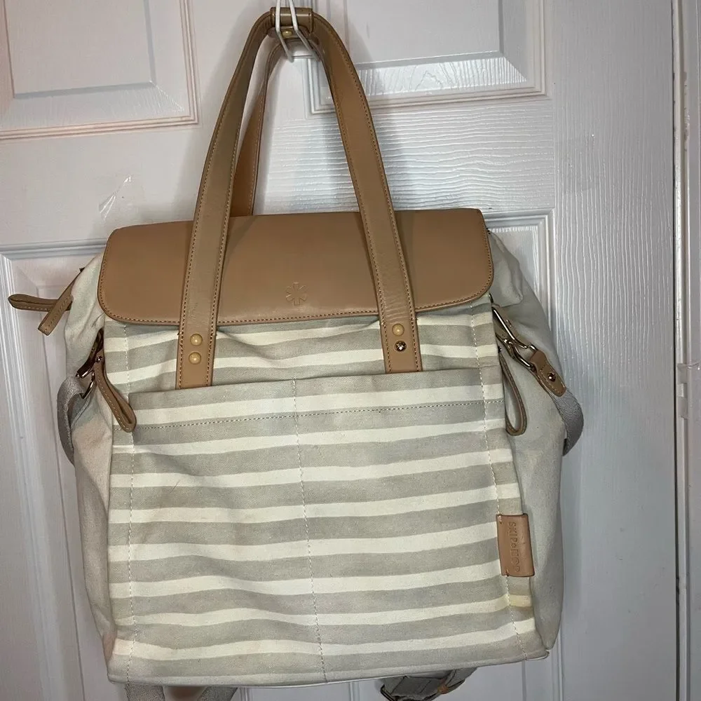 Skip Hop High line convertible Diaper Bag Beige & gray canvas tan leather straps